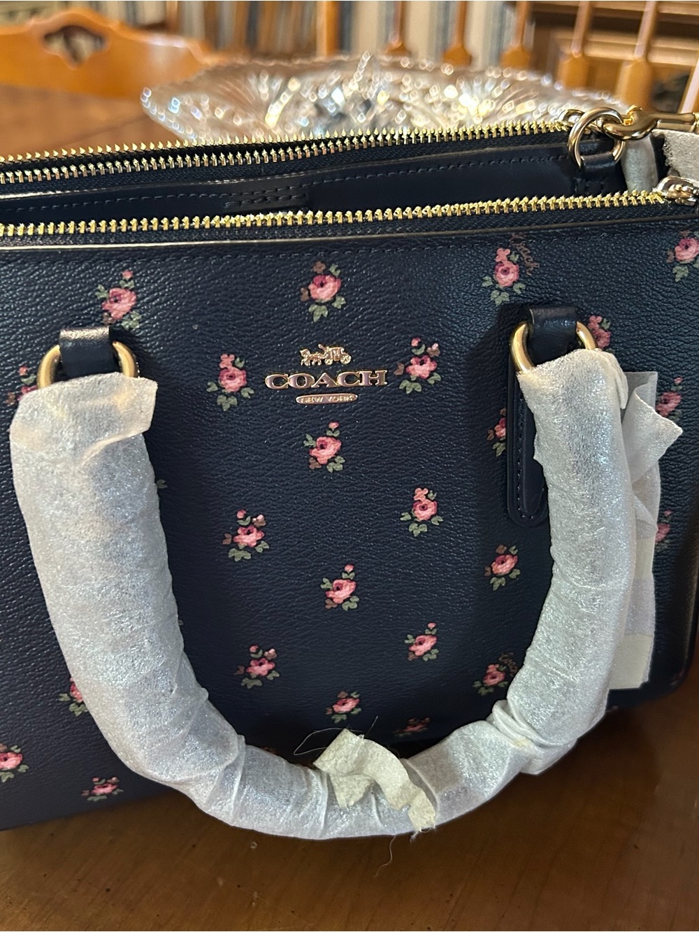 Coach Navy Leather Satchel with Pink Rose Print